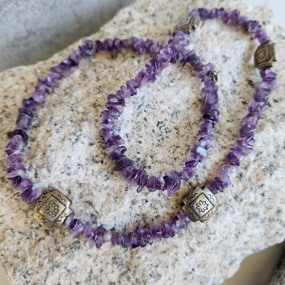 Amethyst Chip Silver Aztec Station Necklace - Picture 1 of 8